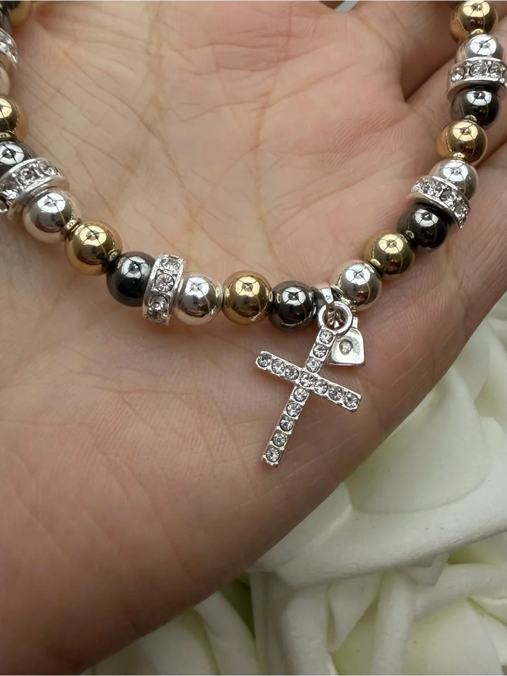 Tri-Tone Beaded Cross Bracelet - Gold, Silver, Gunmetal